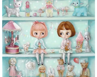 Life on the Shelf whimsical art print, blythe doll art, vintage style toys wall art ,Blythe, Bigeyes,  turquoise lover