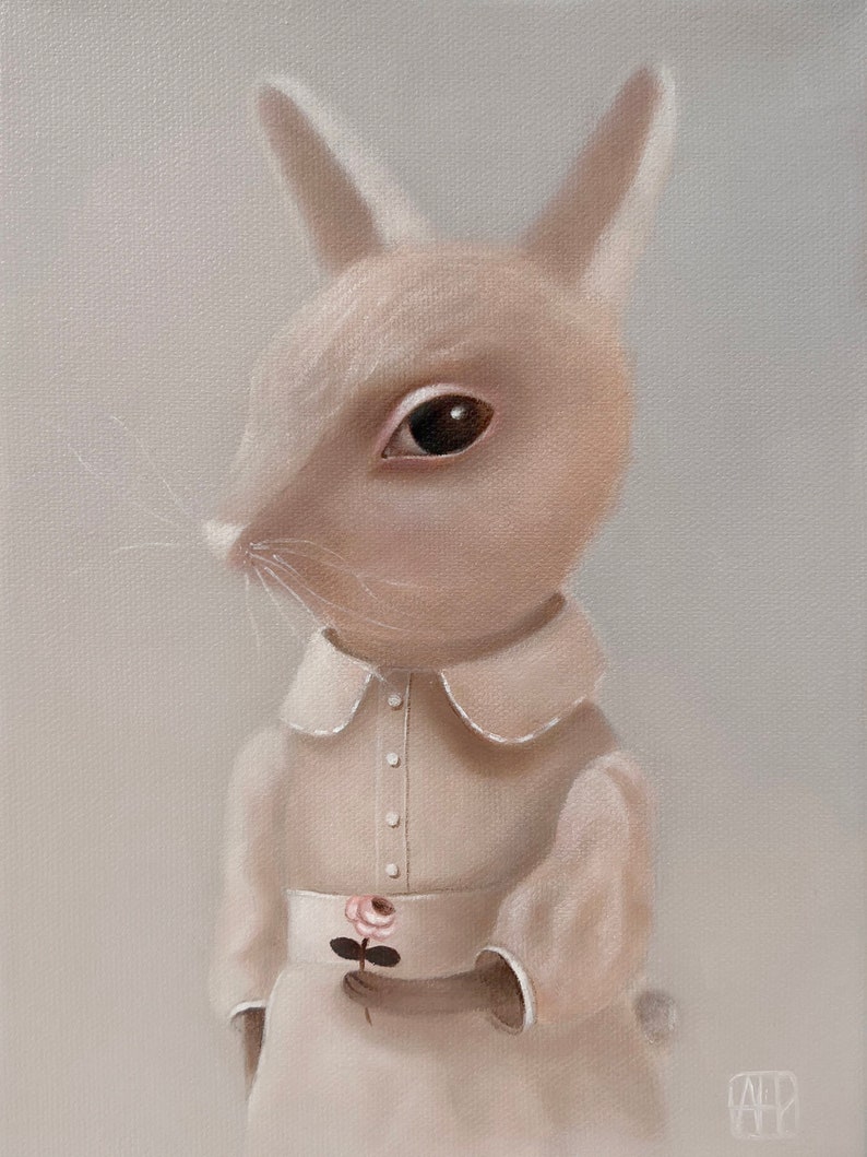 White bunny portrait ,original art Print, bunny theme art, nursery room decor, children wall art bunny, animal portrait image 1