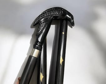 Handmade Raven Walking Cane – Black & Gold Gothic Mobility Aid