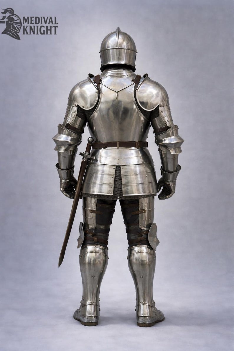 May include: Full suit of polished steel armor, including a helmet, shoulder guards, chest and back plates, and leg protection. A sword is sheathed at the waist. The armor is designed for protection in medieval combat.
