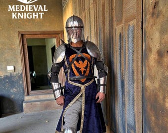 Medieval Knight Armor Set with Helmet | Steel Crusader Armor Costume | Renaissance LARP Knight Suit | Medieval Warrior Armor Halloween Gift