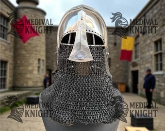 SCA Steel Medieval Bascinet Helmet with Chainmail Aventail, Knight Cosplay LARP