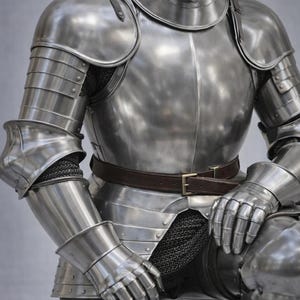 May include: A detailed shot of a medieval suit of armor. The polished steel armor includes a helmet, chest plate, shoulder guards, arm and leg protection, and gauntlets. A brown leather belt is fastened around the waist. The armor is displayed against a neutral background.