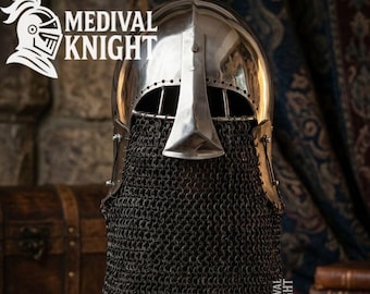 SCA Steel Medieval Bascinet Helmet with Chainmail Aventail, Knight Cosplay LARP
