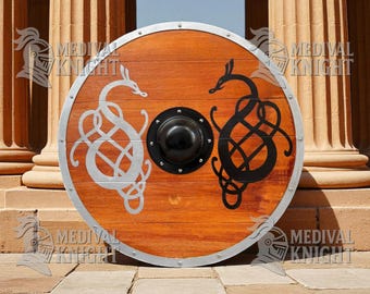 Handmade Viking Dragon Shield, 24" Wooden Medieval Round Shield, Norse Mythology Dragon Knot Art, LARP Battle Ready Shield, Gift for Him