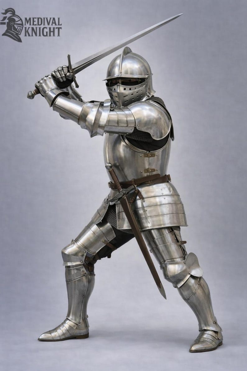May include: A full suit of polished steel medieval armor, including a helmet, chest plate, and leg guards. The knight is holding a longsword aloft with both hands. The image includes the text "MEDIVAL KNIGHT" in the upper left corner.