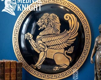 Handcrafted Griffin Shield, Gold Lion Design, Greek Key Border