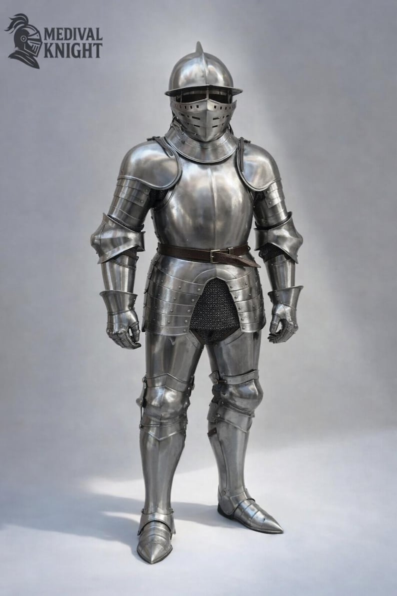 May include: Full suit of polished steel armor, including a helmet with a visor, chest and back plates, arm and leg protection, and gauntlets. A brown leather belt is worn at the waist. The image includes the text "MEDIVAL KNIGHT".