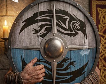 Escudo Viking Azul com Corvo, Escudo Redondo Nórdico de Madeira, Escudo de Cavaleiro Medieval, Decoração de Parede Viking, Escudo de Guerreiro Nórdico Pintado à Mão, Decoração LARP