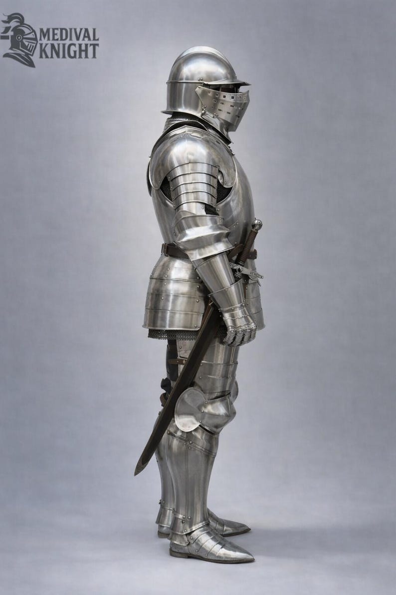 May include: A full suit of polished steel armor, including a helmet, chest plate, arm and leg protection, and gauntlets. A sword is attached to the side. The image includes the text "MEDIEVAL KNIGHT" in the upper left corner.