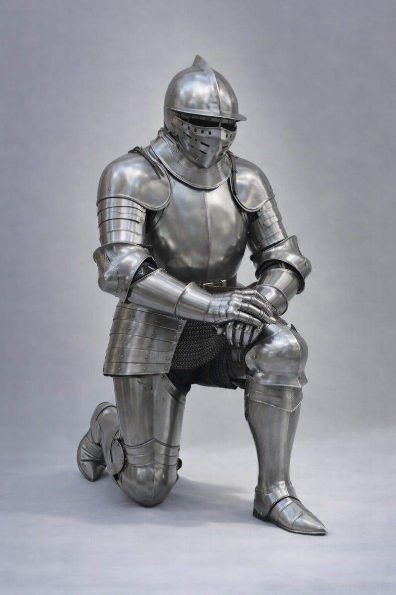 May include: A full suit of medieval armor in a kneeling position. The polished steel armor includes a helmet, chest plate, arm and leg protection, and gloves. The armor is highly detailed and reflects the light, creating a metallic sheen.