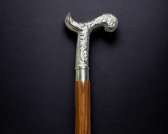 Engraved Brass Derby Handle Walking Stick | Antique Style Rosewood Cane