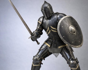 Full Body Medieval Barbuta Armor Cuirass | Black & Gold Steel Chest Plate Masterpiece of Medieval Protection Knight Costume  Display Set