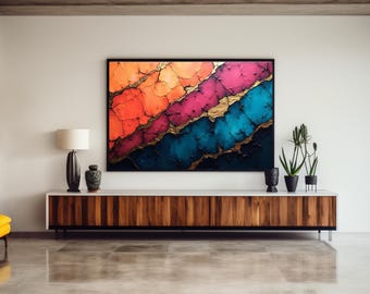 Groot abstract afdrukbaar, kleurrijk Kintsugi-decor met gouden ader, modern blauwgroen oranje schilderij