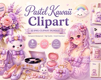Pastel kawaii clipartbundel 33 png | Animemeisje roze paarse transparante achtergrond digitale download