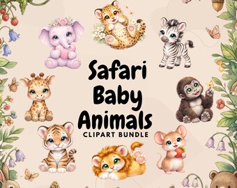 30 safaridieren aquarel clipartbundel, kinderkamer png, digitale download, transparante achtergrond commercieel gebruik