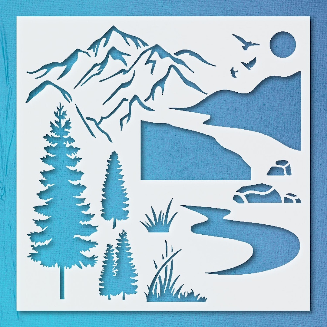Nature-inspired Stencil With Trees, Mountains, Water, and Birds for ...