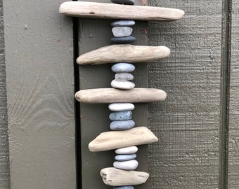 Driftwood and Beach Stone Mobile NATURAL Beach Stone MOBILE Cairn Mobile Beach Decor ~ Rustic ~ Boho