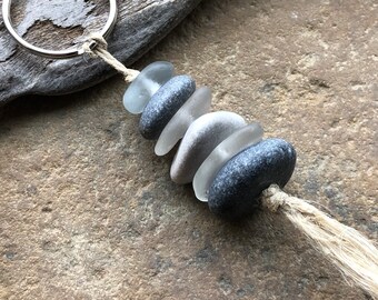 NATURAL STONE and Beach Glass Keychain ~ Cairn STack Keychain ~ stone key fob ~ Natural Keychain ~ Gift Zen Coastal living