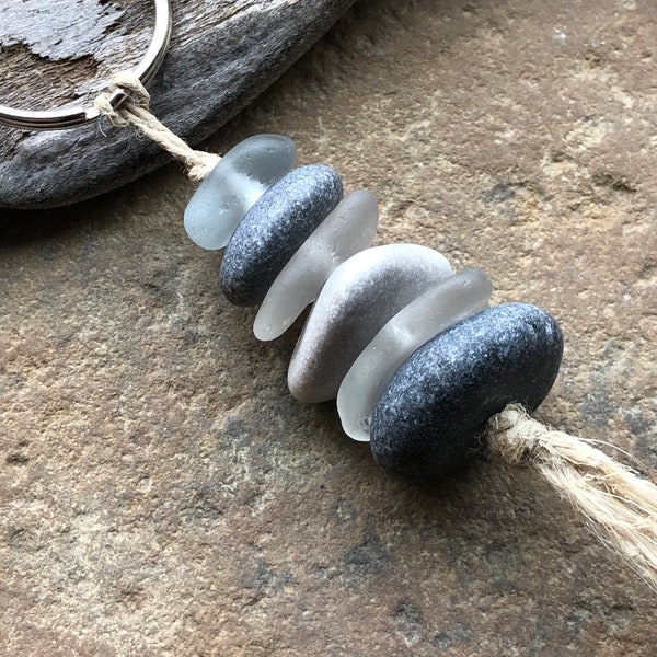 NATURAL STONE and Beach Glass Keychain ~ Cairn STack Keychain ~ stone key fob ~ Natural Keychain ~ Gift Zen Coastal living