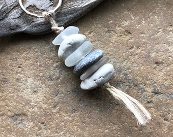 NATURAL STONE and Beach Glass Keychain ~ Cairn STack Keychain ~ stone key fob ~ Natural Keychain ~ Gift Zen Coastal living