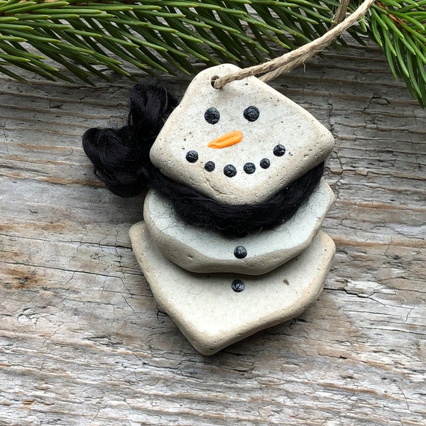 BEACH GLASS SNOWMAN Ornament Sea Glass Ornament Christmas Snowmen Beach Decor