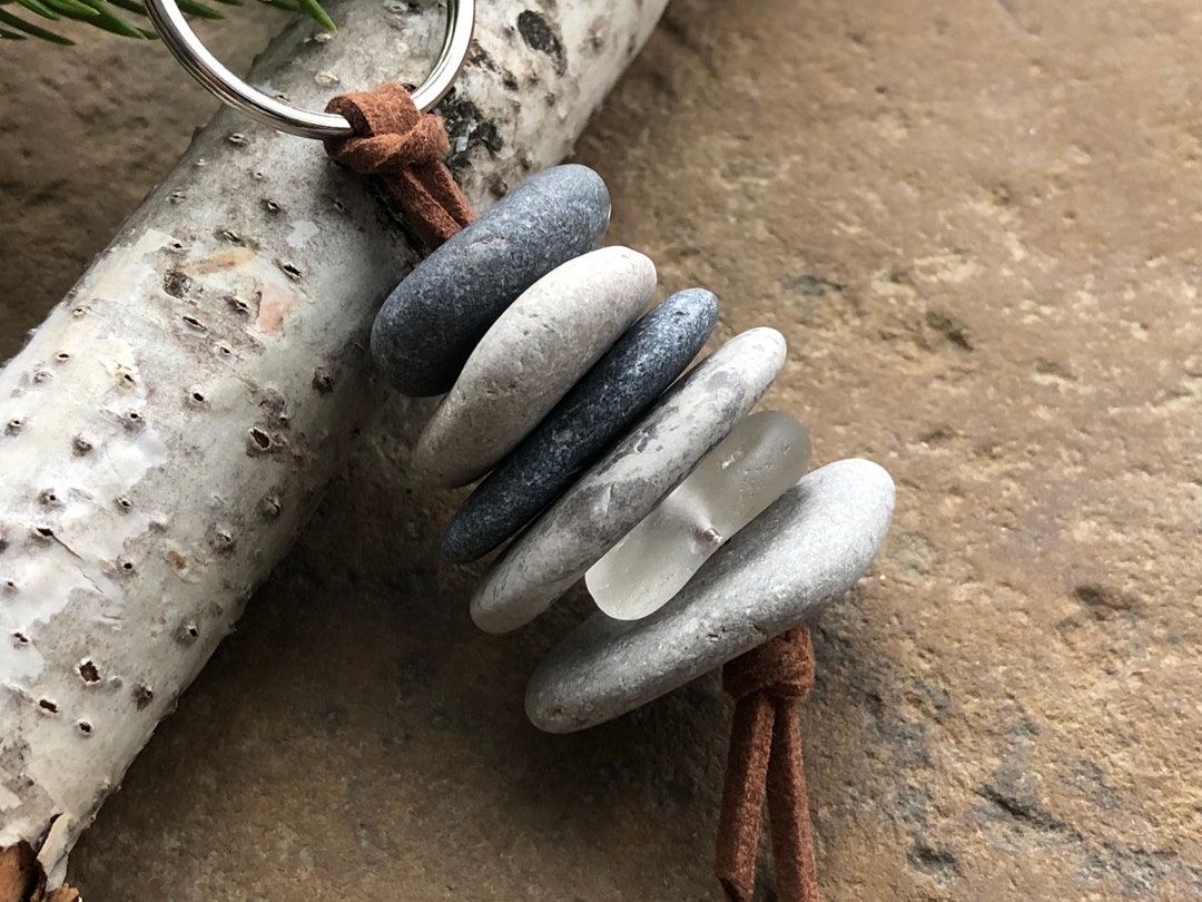 NATURAL STONE and Beach Glass Keychain Cairn Stack Keychain Stone Key ...