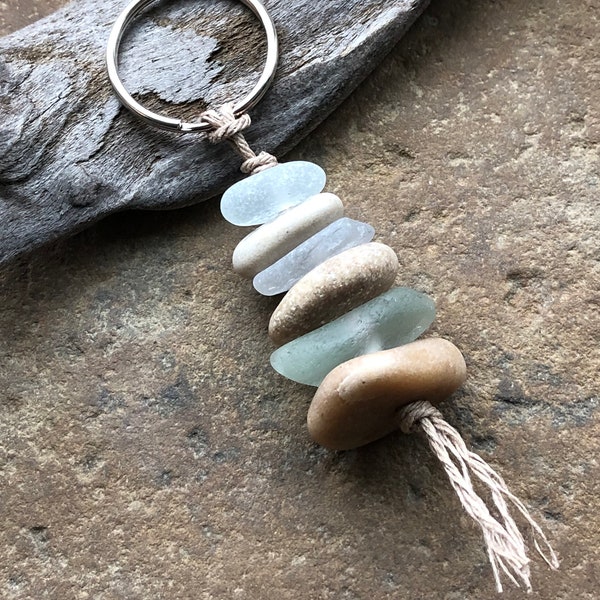 NATURAL STONE and Beach Glass Keychain ~ Cairn STack Keychain ~ stone key fob ~ Natural Keychain ~ Gift Zen Coastal living