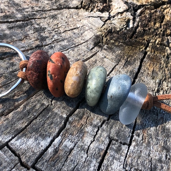 Rainbow BEACH STONE and Beach Glass Keychain  ~ Natural Stone Keychain ~ Lake Erie ~ Zen Boho Gift