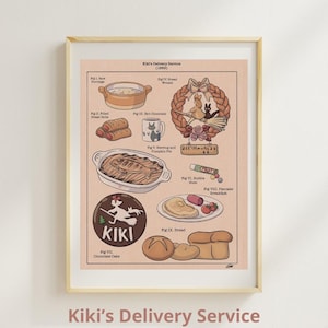 May include: A framed print featuring illustrations of food items from "Kiki's Delivery Service." The print includes images of porridge, bread rolls, hot chocolate, herring and pumpkin pie, bubble gum, pancake breakfast, chocolate cake, and bread. The text "Kiki's Delivery Service" is at the bottom.