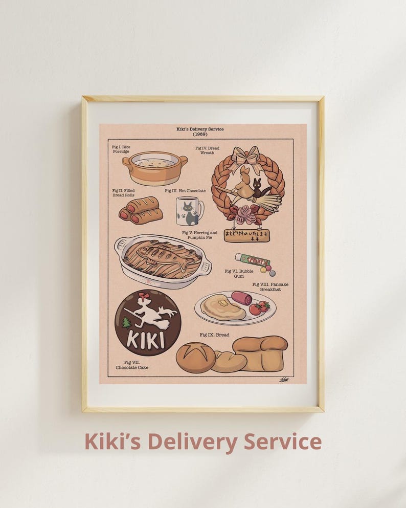 May include: A framed print featuring illustrations of food items from "Kiki's Delivery Service." The print includes images of porridge, bread rolls, hot chocolate, herring and pumpkin pie, bubble gum, pancake breakfast, chocolate cake, and bread. The text "Kiki's Delivery Service" is at the bottom.