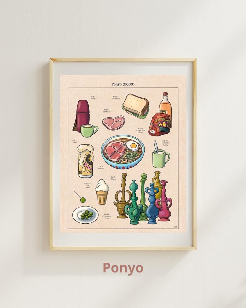 May include: A framed print featuring a colorful illustration of various food items and objects, including ramen, a sandwich, and a bottle. The print has the title "Ponyo (2008)" at the top and the word "Ponyo" at the bottom.