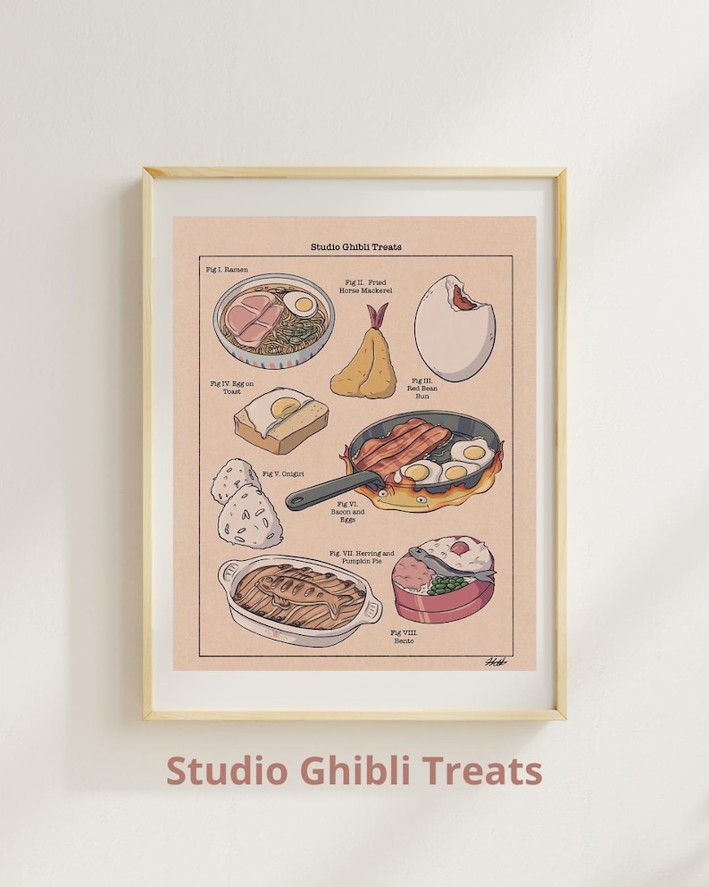 May include: A framed print featuring illustrations of various Japanese dishes, including ramen, fried horse mackerel, and bacon and eggs. The print is labeled "Studio Ghibli Treats" and is displayed in a wooden frame.