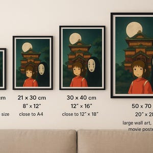 May include: Framed art prints featuring a scene with a girl in a red shirt, a masked figure, and a building under a full moon. Available in various sizes, from 6" x 8" to 20" x 28", suitable for wall decor.