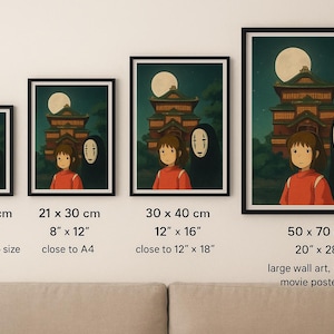May include: Framed art prints featuring a scene with a girl in a red shirt, a masked figure, and a building under a full moon. Available in various sizes, from 6" x 8" to 20" x 28", suitable for wall decor.