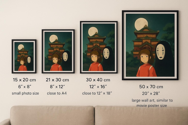 May include: Framed art prints featuring a scene with a girl in a red shirt, a masked figure, and a building under a full moon. Available in various sizes, from 6" x 8" to 20" x 28", suitable for wall decor.