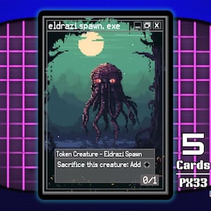 Puede incluir: Carta de arte pixelado que presenta una criatura Eldrazi Spawn con un cuerpo oscuro y con tentáculos y ojos rojos, ambientada en un fondo de bosque con luna llena. La carta dice "eldrazi spawn.exe" y "5 Cartas PX33".