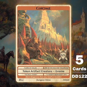 May include: A trading card featuring a fantasy illustration of gnomes with red hats and beards, in front of a large white tower. The card is labeled "Gnome" and includes text about the card's type and abilities. The card is part of a set of 5 cards.