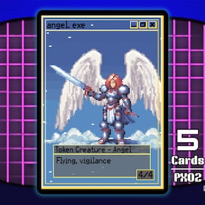 Pode incluir: Um cartão colecionável em pixel art com um anjo com espada, asas e armadura. O cartão é rotulado "angel.exe" e inclui o texto "Token Creature - Angel" e "Flying, vigilance." Parte da "pixel.exe series."
