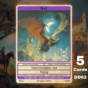 May include: A fantasy card depicting a bat with orange wings soaring before a castle under a full moon. The card has a purple border and the word "BAT" at the top. The card also includes the text "Token Creature - Bat" and "Flying".
