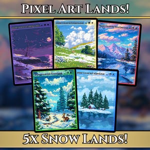 May include: Five pixel art landscape prints featuring snowy scenes, including mountains, forests, and islands. The prints are displayed in a window-like frame with the text "Pixel Art Lands!" and "5X SNOW LANDS!"