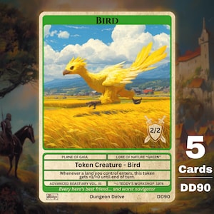 May include: A trading card depicting a yellow bird in a field, labelled "Bird." The card includes text: "Token Creature - Bird" and "Every hero's best friend... and worst navigator." The card is part of the "Advanced Bestiary Vol. III" set. The card has a 2/2 rating.