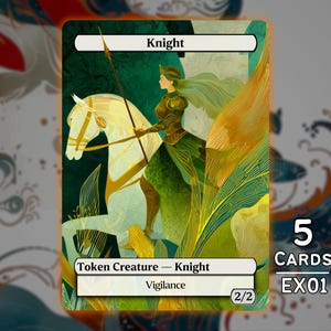 Pode incluir: Carta colecionável com um cavaleiro a cavalo, em tons de verde, dourado e branco. A carta está rotulada como "Knight" e inclui o texto "Token Creature - Knight" e "Vigilance". A carta faz parte de um conjunto de 5 cartas, rotuladas EX01.