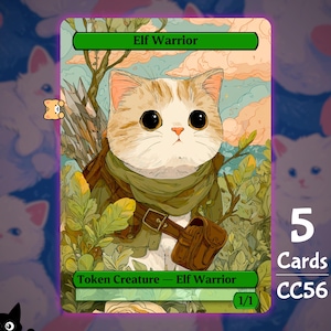 Puede incluir: Una carta de fantasía con un guerrero gato ilustrado con ojos grandes, que lleva una bufanda verde y una bolsa marrón. La carta está etiquetada como "Elf Warrior" y "Token Creature - Elf Warrior". La carta es parte de un conjunto de 5 cartas.