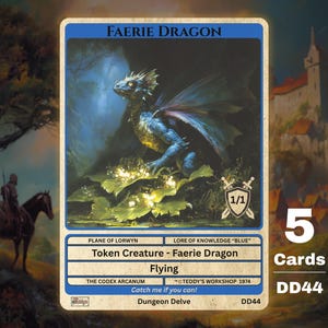 May include: A fantasy card featuring a blue Faerie Dragon with detailed wings and scales, set against a lush, green background. The card includes text such as "Faerie Dragon", "Token Creature", and "Flying". The card is part of a set of 5 cards.