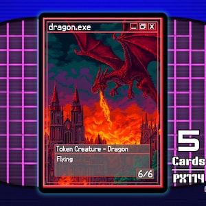Puede incluir: Carta de fantasía con un dragón rojo que escupe fuego sobre un castillo, con el texto "dragon.exe". La carta está etiquetada como "Token Creature - Dragon" y "Flying". La carta forma parte de la "pixel.exe series".
