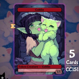 May include: A fantasy art card featuring a green goblin holding a green kitten. The card is labeled "Goblin" and "Token Creature - Goblin". The background has a repeating pattern of white cats.
