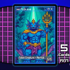 May include: A pixel art trading card featuring a blue Merfolk creature holding a golden trident. The card is labeled "merfolk.exe" and "Token Creature - Merfolk 1/1". The image is set against a retro grid background.