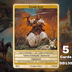 May include: A trading card depicting a samurai warrior in white robes, wielding a katana. The card has a gold border and includes the text "Samurai", "Token Creature - Samurai", and "Vigilance". The card also displays the text "5 Cards" and "DD130".