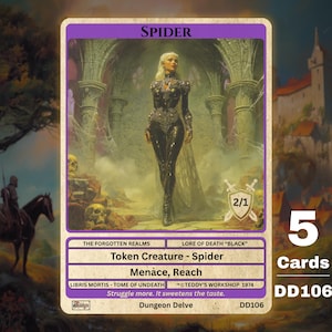 Może przedstawiać: Karta fantasy z fioletową obwódką, przedstawiająca kobietę w czerni i oznaczona jako "Spider". Karta zawiera tekst, taki jak "Token Creature - Spider" i "Menace, Reach". Obraz jest częścią zestawu 5 kart.